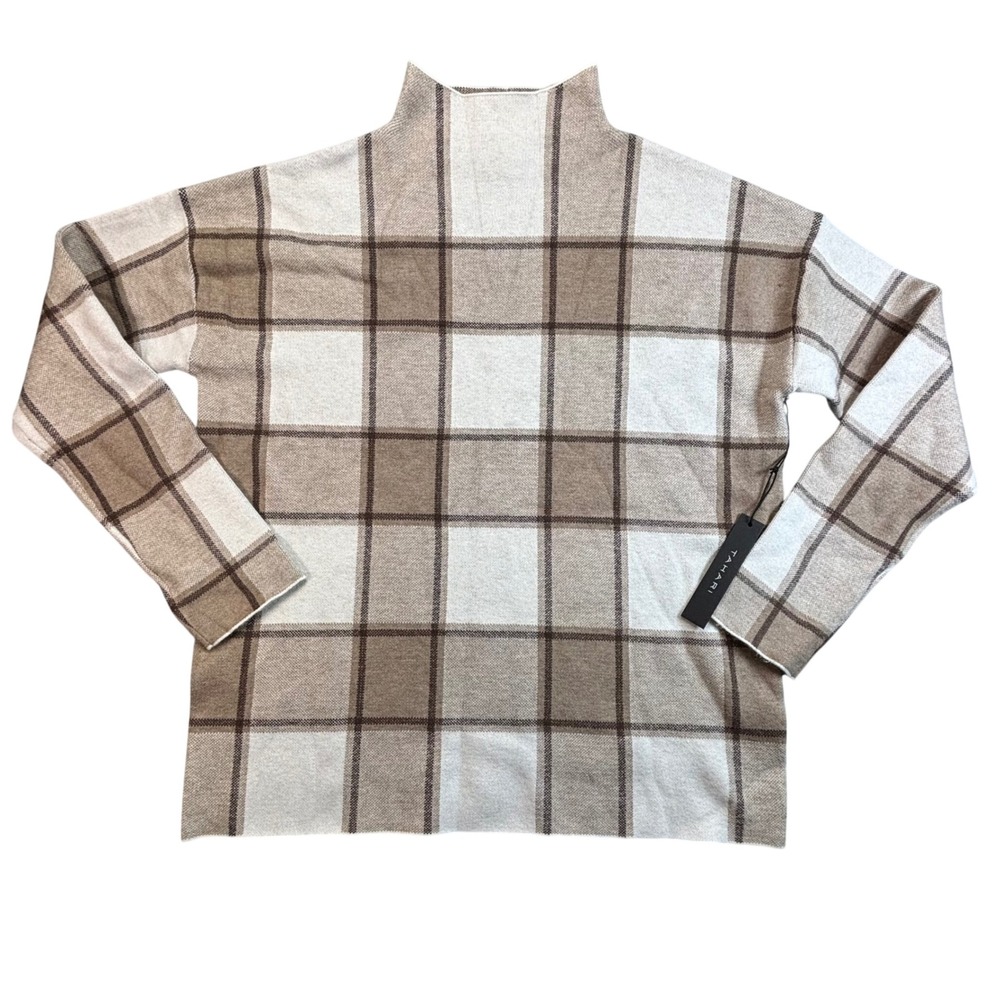Tahari Women's Plaid Mock Neck Sweater Long Sleeve Beige Brown Size L